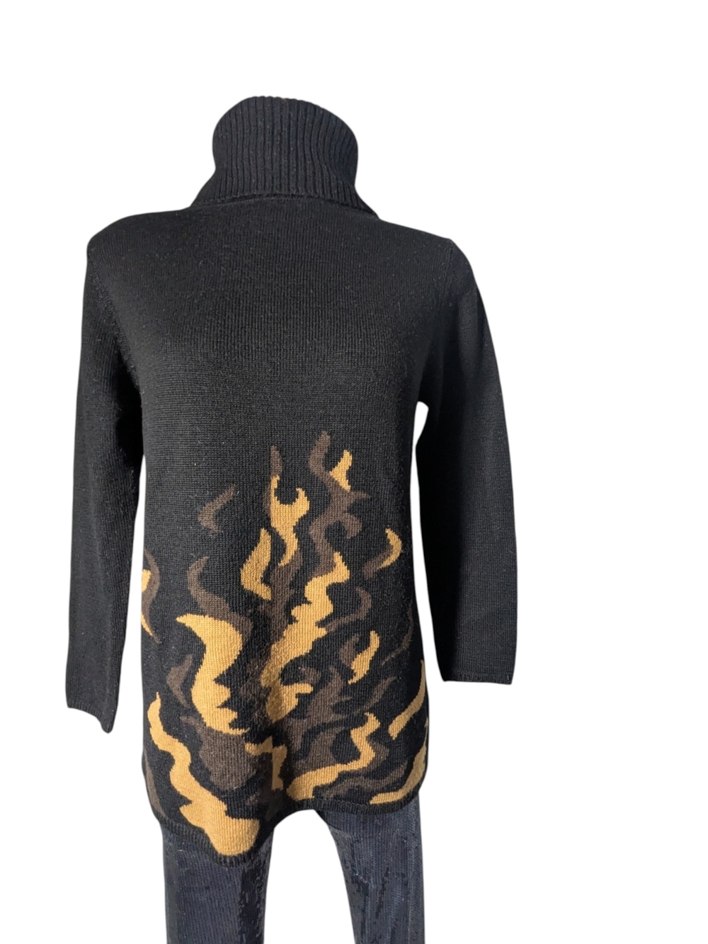 Franco Valeri Black Turtleneck Sweater with Gold Flame Motif Size M